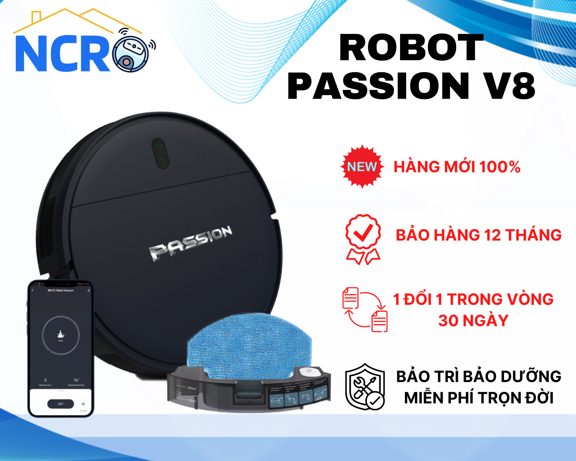 Passion V8 Robot hút bụi và lau nhà thông minh//Sản xuất CN ONSON Mỹ//Lực hút 3000Pa//Bản quốc tế// Hàng chính hãng//Điều khiển app Tiếng Việt