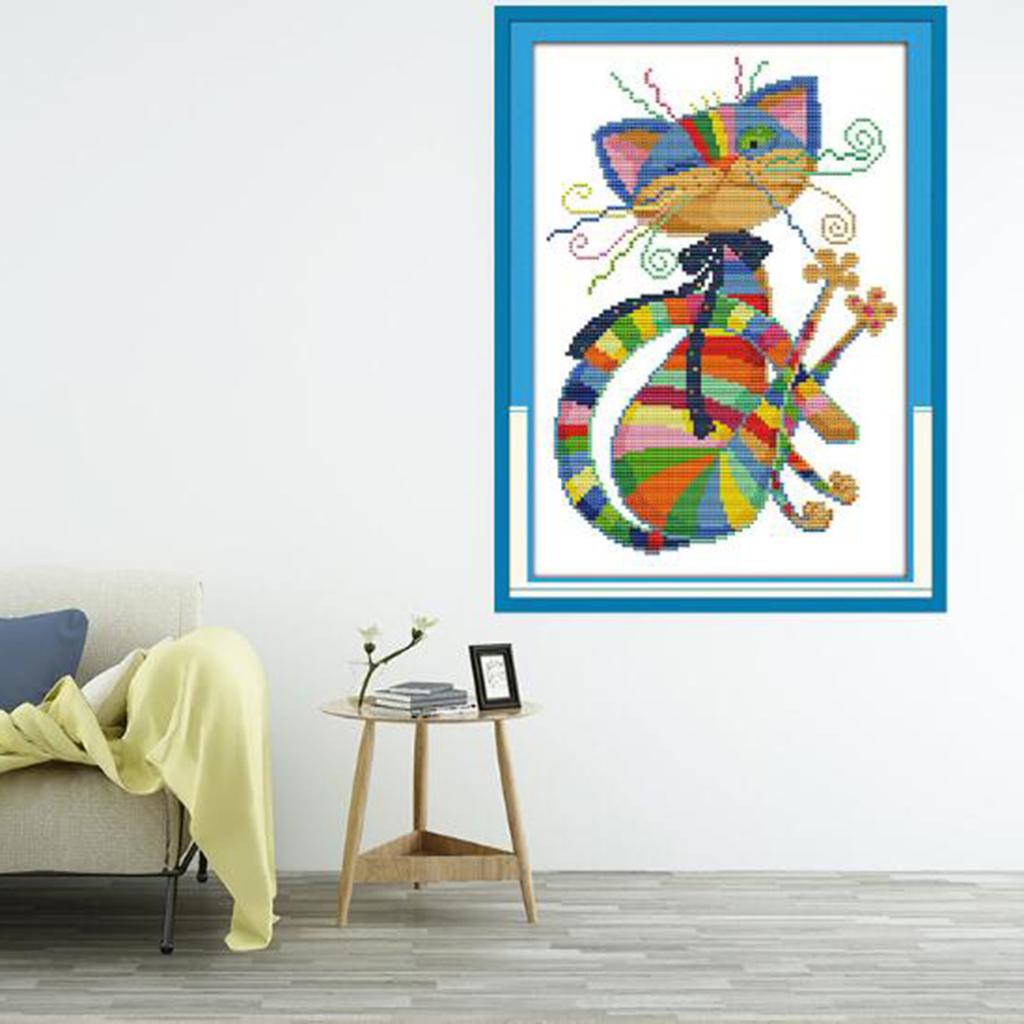 Colorful Cat Pattern Stamped Cross Stitch Kit Chart DIY Needlecaft for Beginners Adults Kids