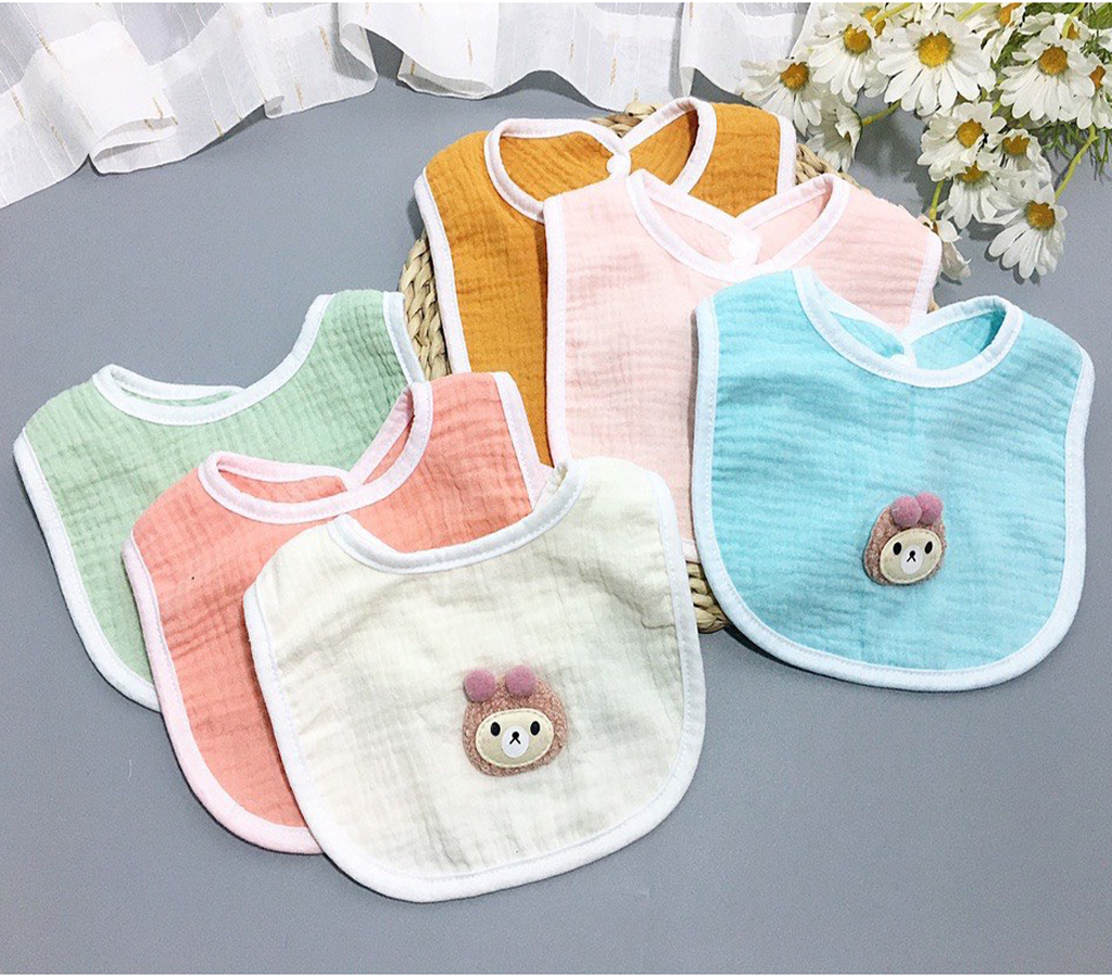 Set 3 yếm xô nhăn WooYi chất liệu cotton sợi tre 4 lớp 2 mặt, kiểu vuông cột dây, chống thấm mềm mịn giữ sạch cho bé ăn dặm