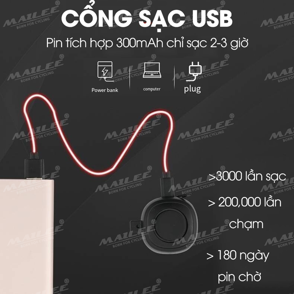 Còi Chuông Xe Đạp USB Cảm Ứng Có Đèn Bên Trong LD-69 Chống Nước Âm Thanh 90-110dB pin 300mAh Mai Lee