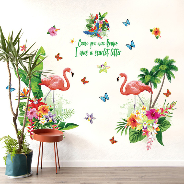 Decal dán tường chất liệu PVC loại 1 trang trí phòng khách- Đôi hạc lá xanh