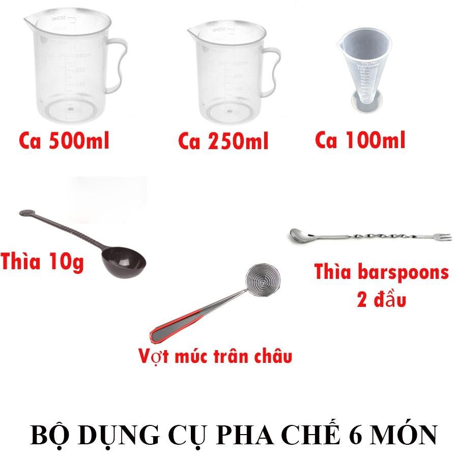 Combo 6 món cho bộ dụng cụ pha chế chuyên nghiệp (ca 500-250-100ml, thìa nâu 10g, thìa khuấy inox, vợt múc trân châu)