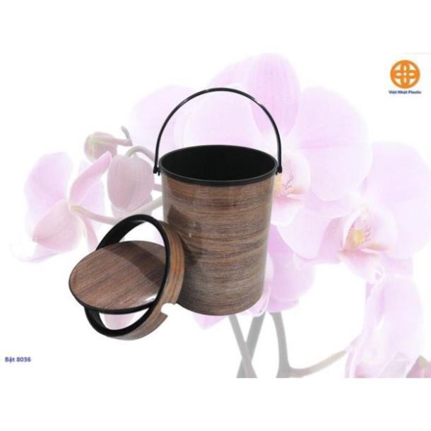 Thùng rác lật tròn vân gỗ Nhựa Việt Nhật