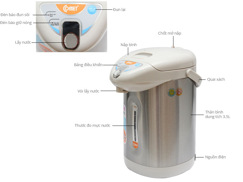 Bình thủy điện Comet CM3216 – Dung tích 3.6L, 3 chế độ giữ ấm 98/85/60°C, ruột inox 304, công suất 730W –  Hàng Chính hãng, bảo hành 12 tháng