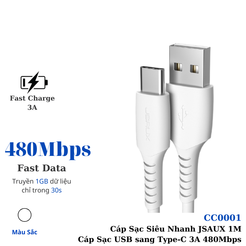 Cáp Sạc Nhanh Type C - CC0001 JSAUX – Dây Cáp Sạc nhanh 3A Cáp sạc Cho Macbook, Laptop, Ipad Điện Thoại Samsung, Oppo... - Hàng chính hãng