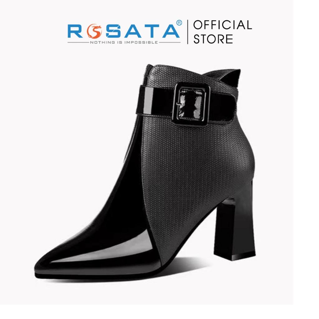 Giày bốt nữ ROSATA RO603 cổ cao mũi nhọn êm chân cao cấp khóa kéo gót trụ cao 5cm màu đen xuất xứ Việt Nam