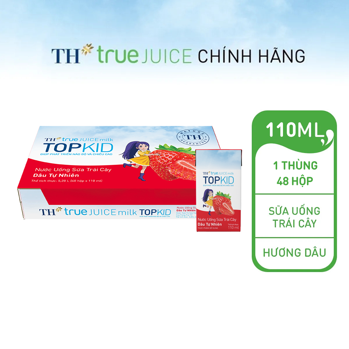 Thùng 48 hộp nước uống sữa trái cây TH true JUICE milk TOPKID hương dâu tự nhiên 110 ml (110 ml x 48)
