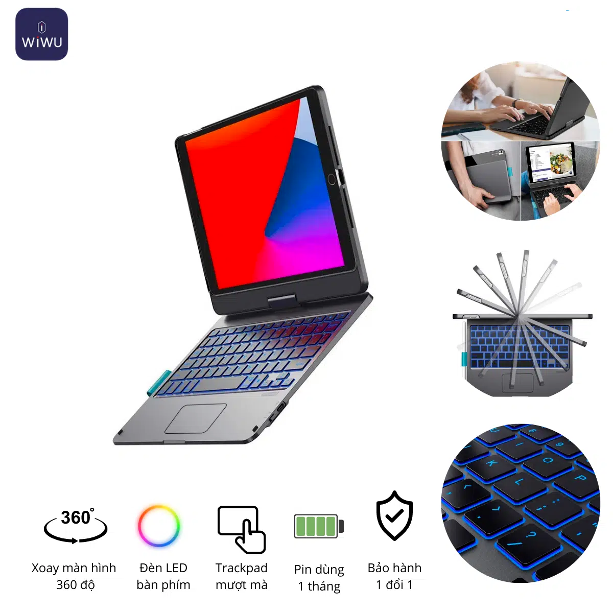 Case bao da bàn phím led không dây Bluetooth cho iPad 10.5 / iPad 10.2 inch trang bị touchPad kèm Trackpad xoay 360 độ  hiệu WIWU Waltz Rotating Keyboard (cảm ứng mượt mà, xoay và gập nhiều hướng, LED phím bấm) - hàng nhập khẩu