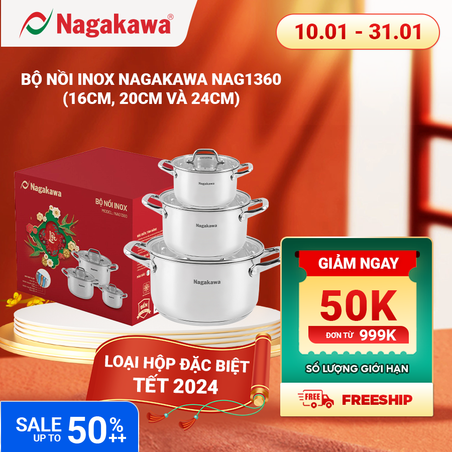 [HỘP QUÀ TẾT] Bộ 3 nồi inox 5 đáy Nagakawa NAG1360 (16cm - 20cm - 24cm) - Hàng chính hãng