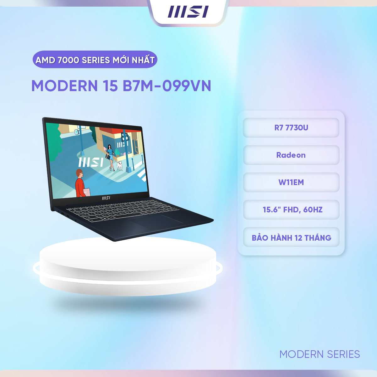 MSI Laptop Văn phòng Modern 15 B7M-099VN|R5 7530U|Radeon|DDR4 8GB|512GB SSD|15.6&quot; FHD, 60Hz [Hàng chính hãng]