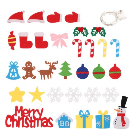 Cây thông Noel vải dạ dán tường 32 chi tiết trang trí Giáng sinh, tặng kèm dây đèn LED chạy pin