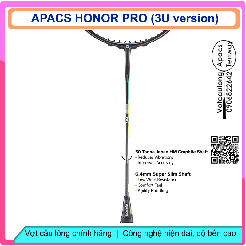 Vợt cầu lông Apacs Honor Pro - 3U | Vợt 3U thân đũa công nghệ mới, nặng đầu chuyên công, khung đan 17kg