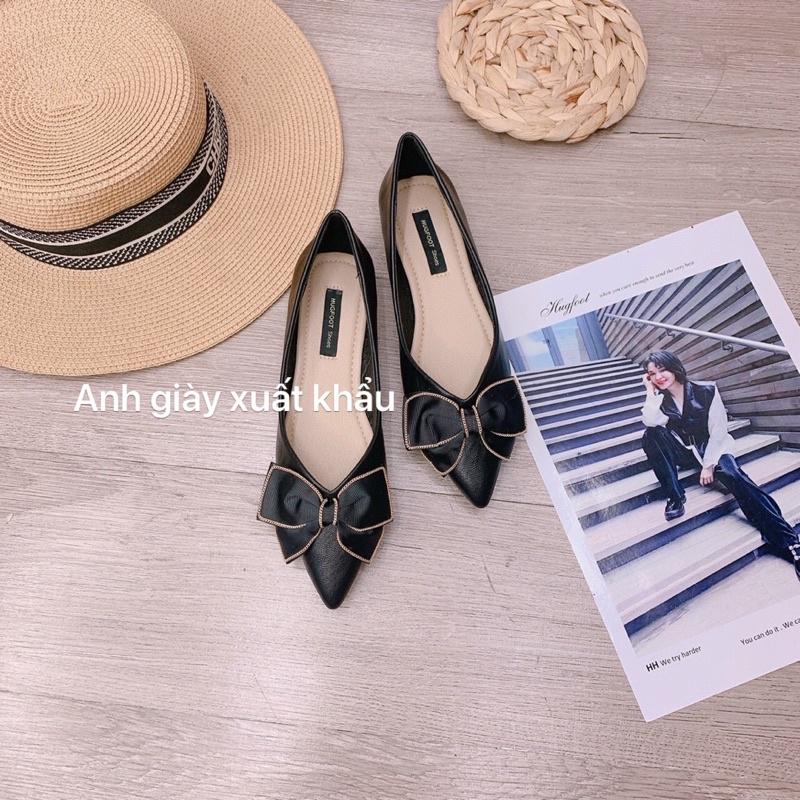 GB45 - Giày bệt mũi nhọn da lì nơ lụa to đế cao su dẻo