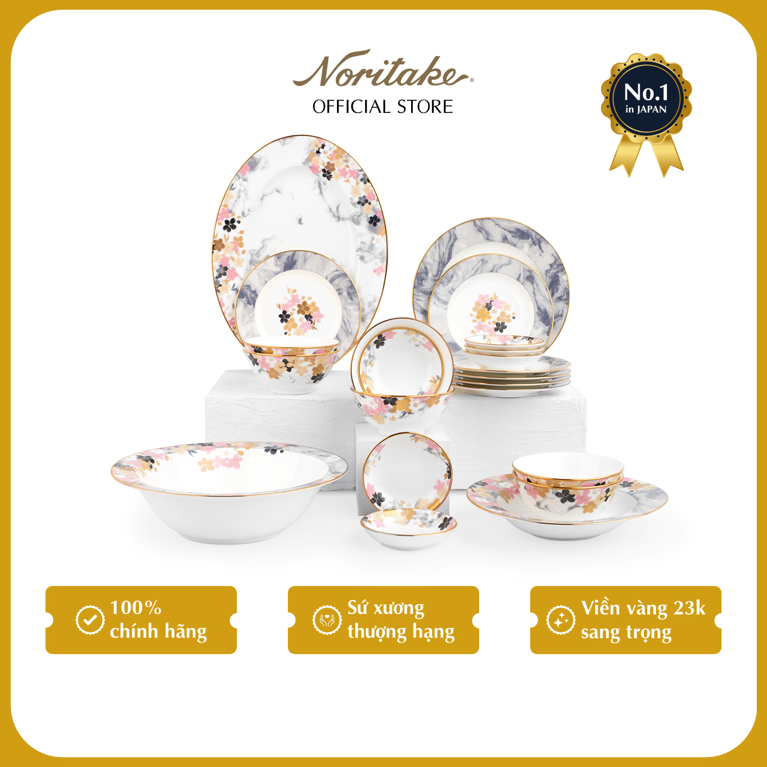 Bộ Bàn Ăn Châu Á Cơ Bản 22 Món Noritake dòng Moonlit Blossoms Sứ xương cao cấp (4969L - D024AN)