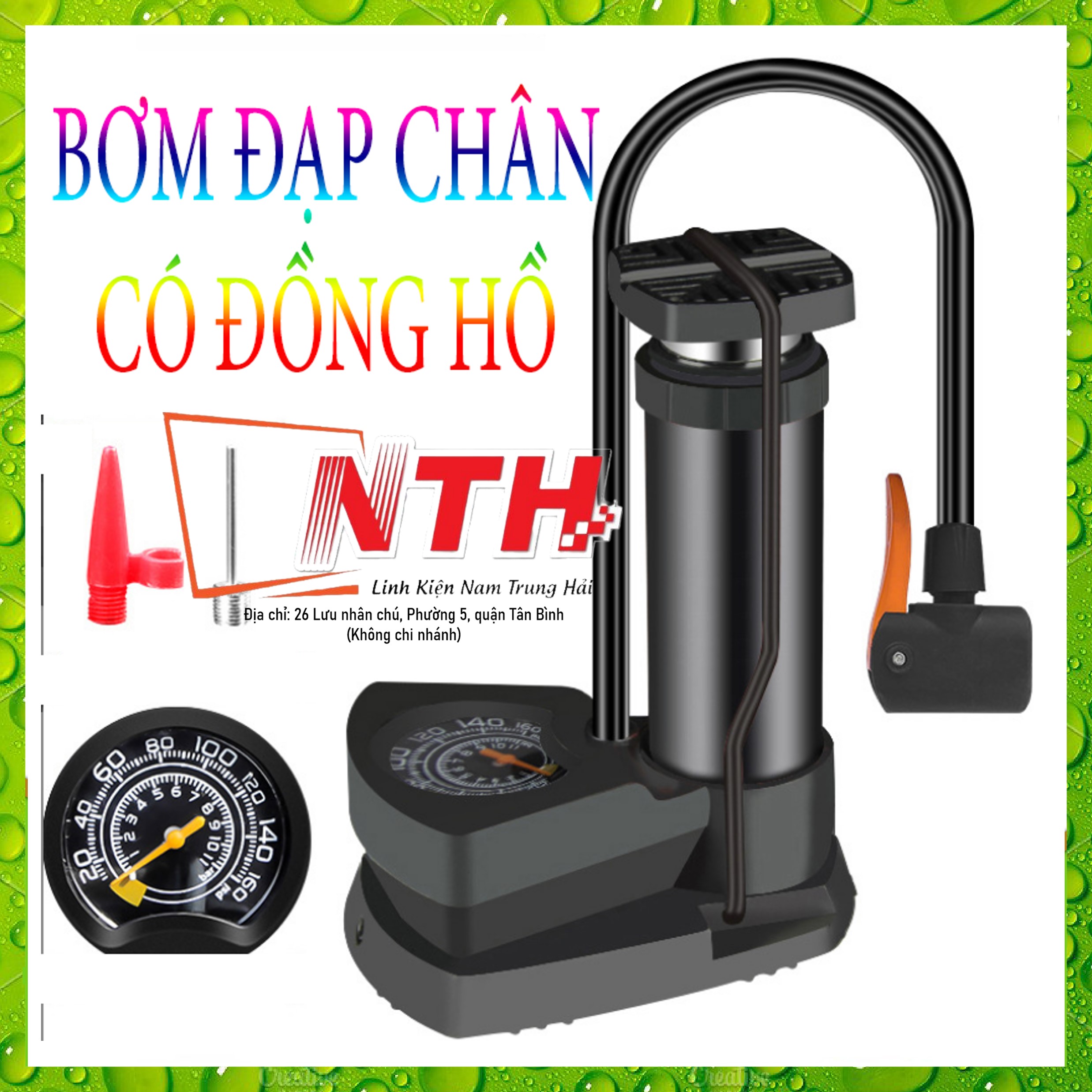 Bơm Xe Đạp Có Đồng Hồ Đo Áp Suất Hợp Kim Nhôm Loại Đạp Chân Cao Cấp - Dùng Cho Xe Đạp Xe Máy Ô Tô Trái Banh