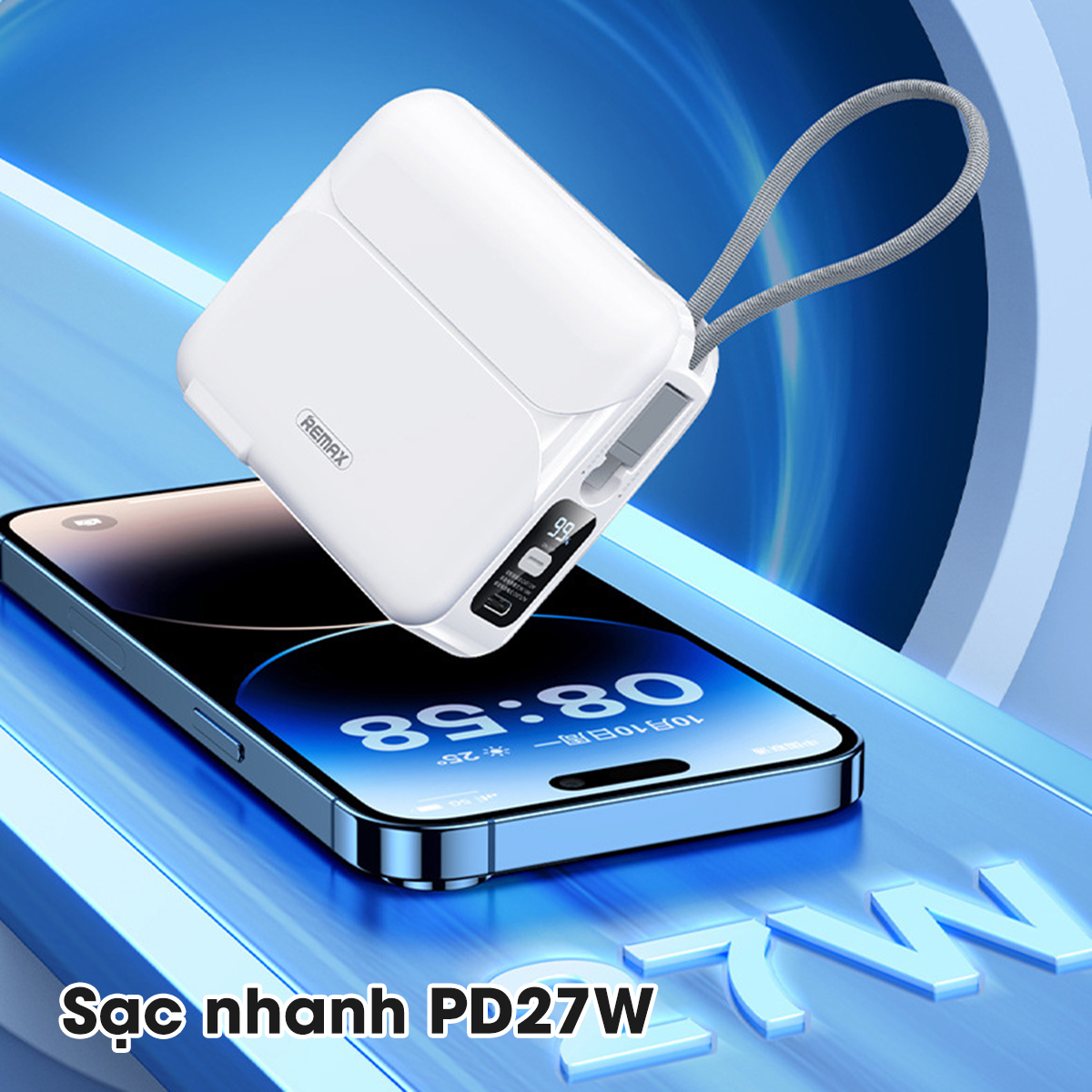 Sạc dự phòng 20000mAh kiêm củ sạc Remax RPP 553 thiết kế kèm dây sạc nhanh 27w cho 14 Serie - Hàng Chính Hãng Remax