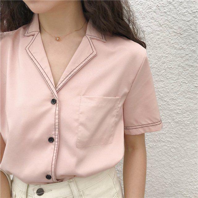 Áo Sơ Mi Nữ Form Rộng Cổ Vest YURITA Tay Ngắn Kiểu Công Sở, Phong Cách Hàn Quốc Viền Cổ Freesize