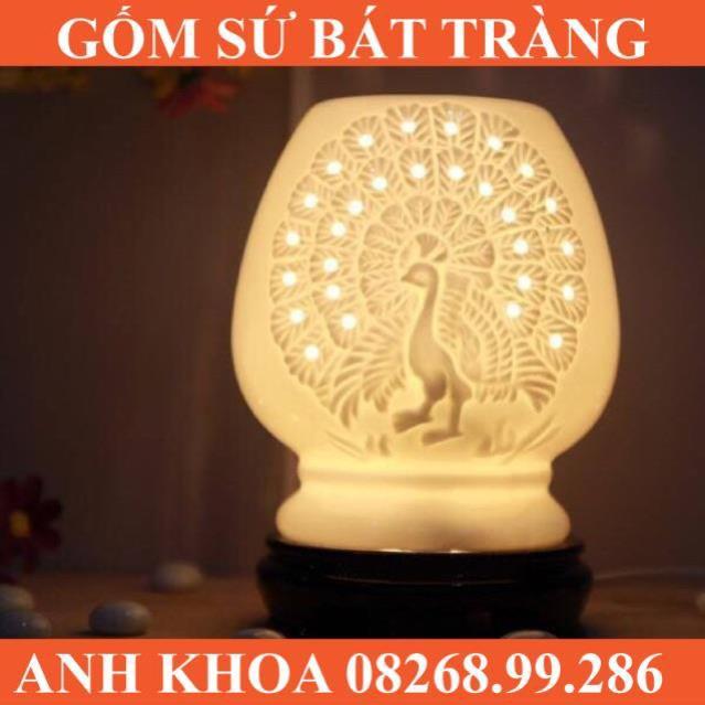 Đèn xông tinh dầu công đế gỗ - Gốm sứ Bát Tràng Anh Khoa