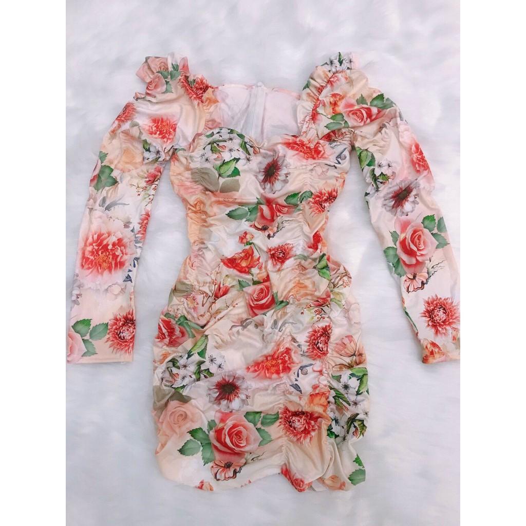 Đầm body nhún cổ vuông họa tiết hoa kèm mút