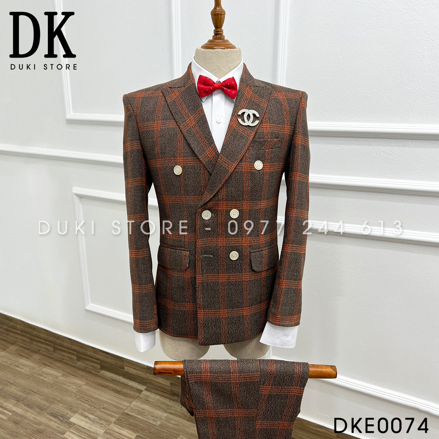 Bộ vest nam Hàn Quốc 6 cúc kẻ caro đỏ nâu sang trọng DKE0074 - DUKI STORE