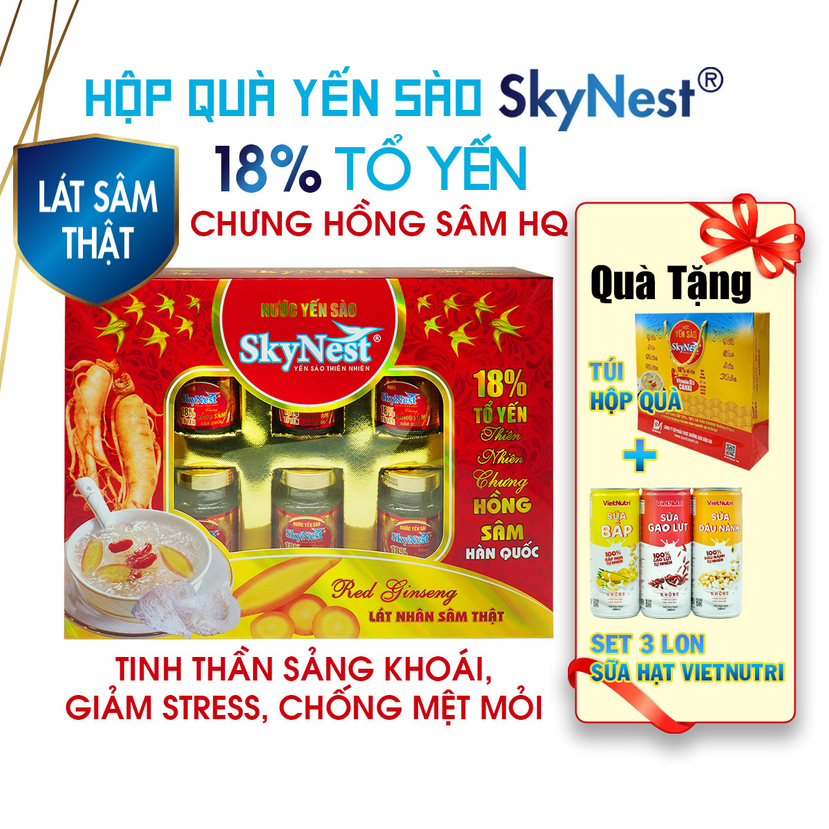 Tặng Kèm Túi Xách Hộp Quà 6 Lọ X70Ml Nước Yến Sào Skynest 18 Tổ Yến Chưng Hồng Sâm Hàn Quốc, Lát Hồng Sâm Thật, Bồi Bổ Sức Khỏe