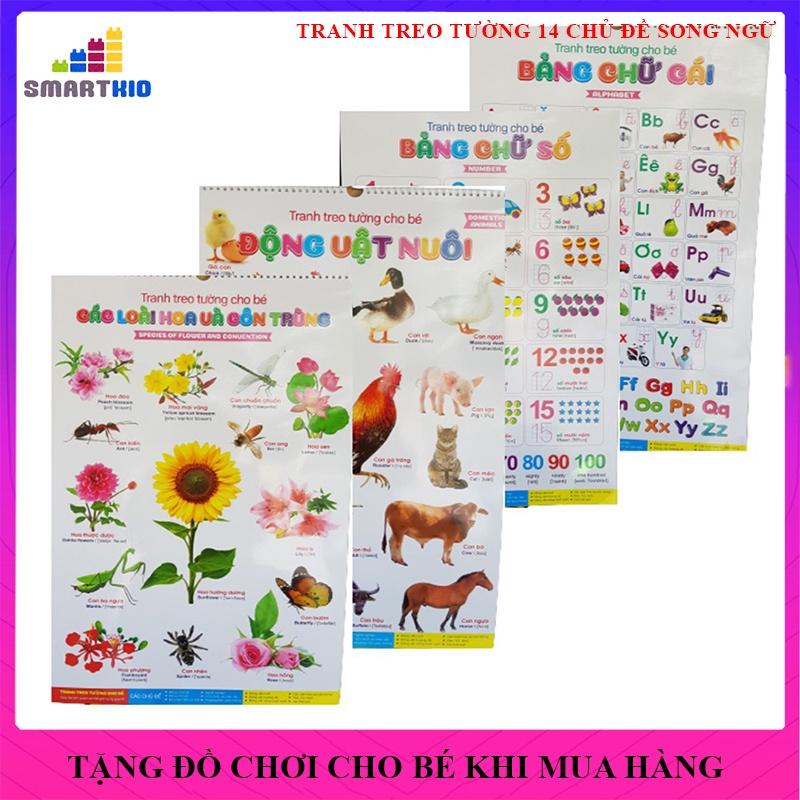 Bộ tranh song ngữ 14 chủ đề chữ cái con vật hoa quả màu sắc treo tường cho bé 2 tuổi 3 tuổiĐồ chơi thông minh phát triển