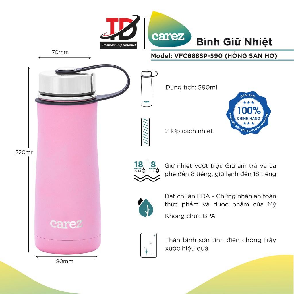 Bình giữ nhiệt thể thao CAREZ VFC688SP-590ML, Inox 304, Không chứa BPA màu hồng san hô trẻ trung, Hàng chính hãng