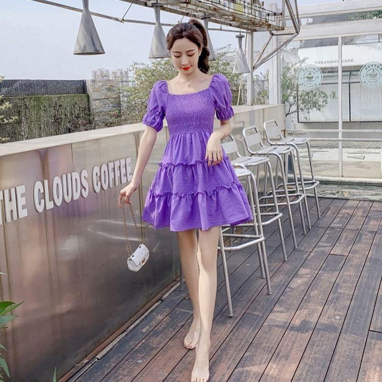 DIYIWEI Phụ nữ mùa hè 2023 Square Neck Pleated Bubble Sleeve Thu hẹp eo Khoai tây tím Vintage Pháp Orange Terrier Dress