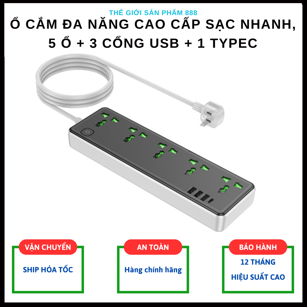 Ổ cắm điện đa năng thông minh sạc nhanh chống cháy, giật, sét, 5 ổ cắm công suất cao 2500W, 3 cổng USB, 1 cổng Typec - Hàng nhập khẩu (màu ngẫu nhiên)