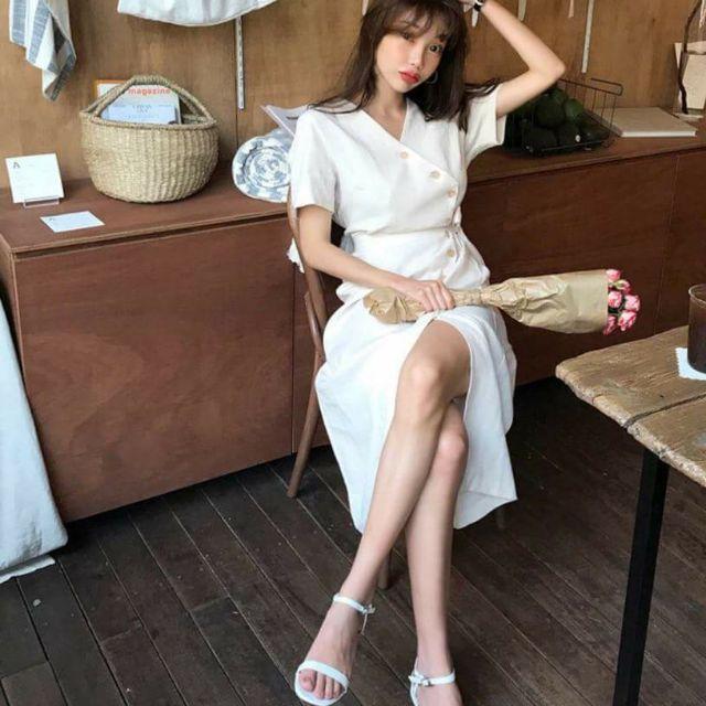 Đầm váy trắng nút xéo form to