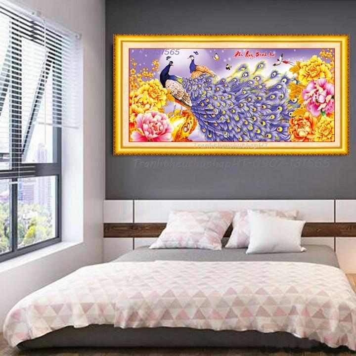 Tranh đính đá đôi chim công Phú quý bình an 115*52cm