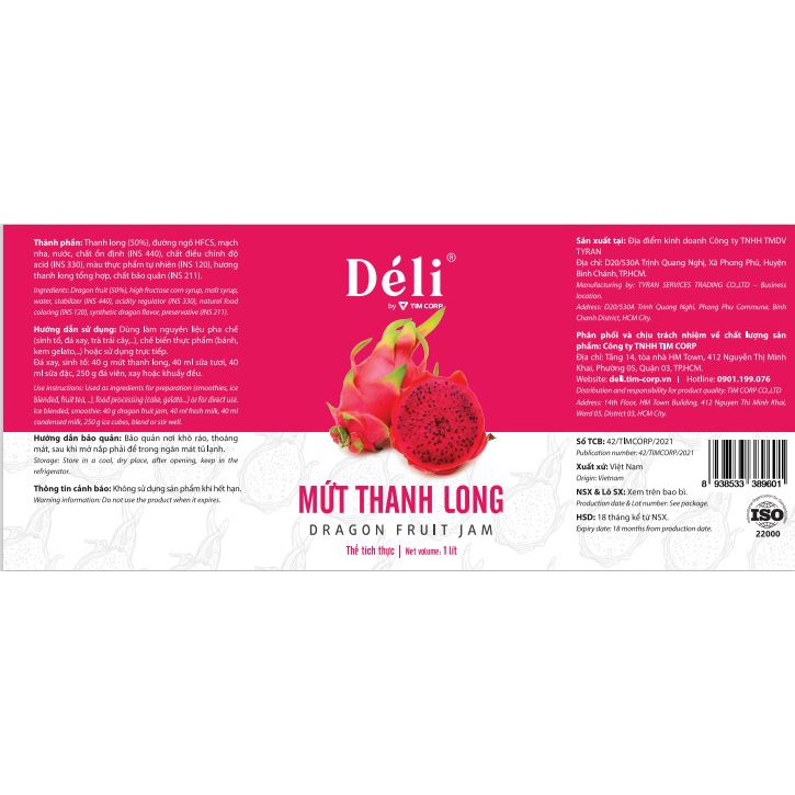 Mứt thanh long pha chế Déli - chai 1L