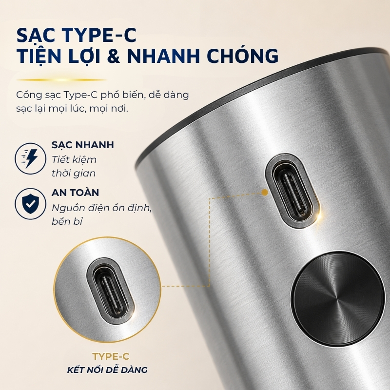 Máy xay gia vị điện DandiHome 110ml - Xay tiêu, muối, điều chỉnh độ mịn, sạc pin Type-C -  ‌Hàng chính hãng Dandihome