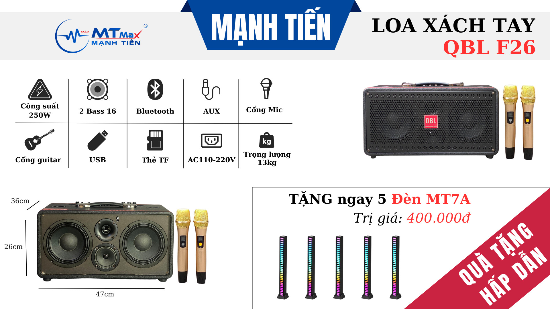 Loa Di Động Xách Tay QBL F26 Cao Cấp – 2 Bass đôi 16cm Công Suất 250W Chuyên Decor Hàng Chính Hãng