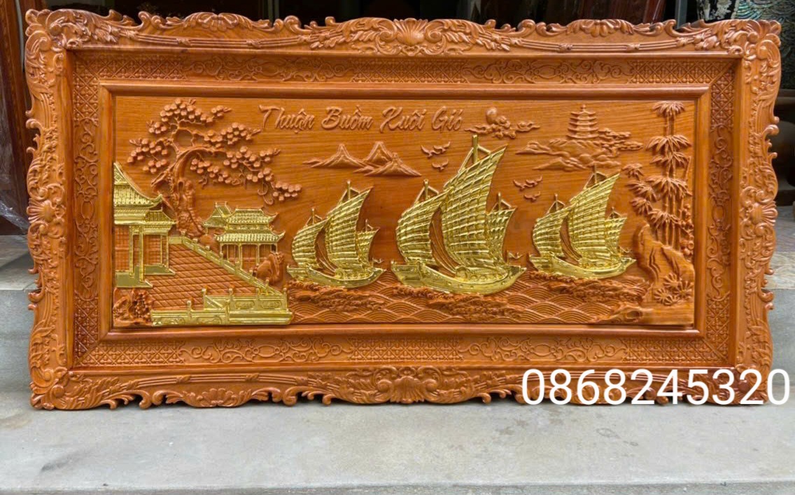 Tranh thuận buồm xuôi gió bằng gỗ gõ pu dát vàng cao cấp kt 67×127×4cm