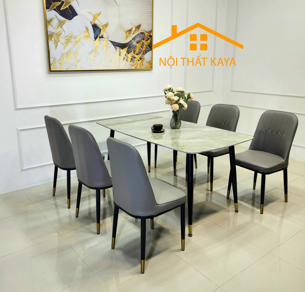 Bộ Bàn Mặt Đá Ceramic Chân Neva 90cm x 160cm x 75cm  6 Ghế Nhập Khẩu KY-GH03