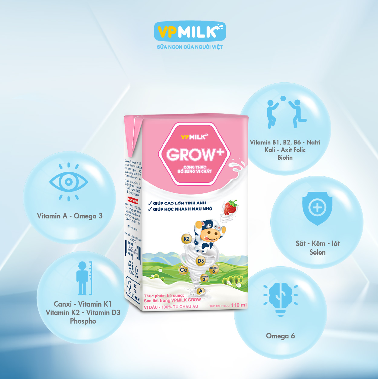 Sữa Tiệt Trùng Có Đường VPMilk Grow+ Vị Dâu Hộp 110ml (Thùng 48 Hộp)