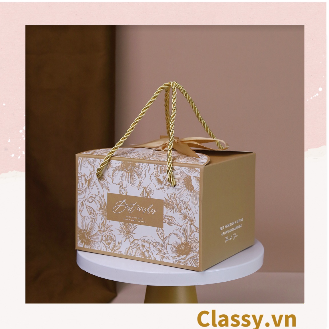 Q794 Hộp giấy tự gấp đựng quà tặng hình hộp vuông kèm ruy băng và quai xách nhựa cứng hoặc dù