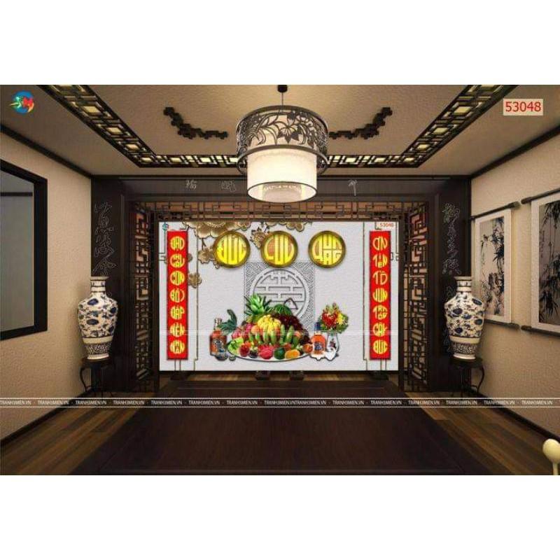 Tranh dán tường 3d tranh trang trí phòng thờ bàn thờ in Vải Lụa