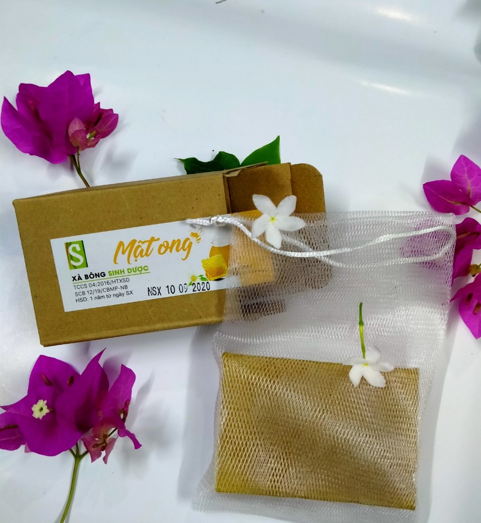 Bánh Xà bông Sinh Dược Mật ong 100 gram, tốt cho da mụn, tặng kèm túi lưới tạo bọt