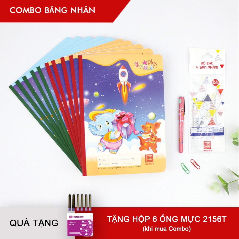 Combo Tiểu học Hồng Hà &quot;Bảng nhãn&quot; - 10 Vở Hồng Hà 4 ô ly Bạn nhỏ, Eke &amp; Bút máy nét hoa - Tặng hộp 6 ống mực tím (giao màu ngẫu nhiên)