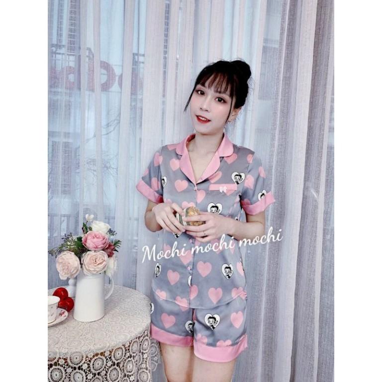 Freeship Bộ mặc nhà nữ tim hồng, bộ pijama lụa satin cao cấp, hàng thiết kế quần lửng, quần đùi có size nhiều màu