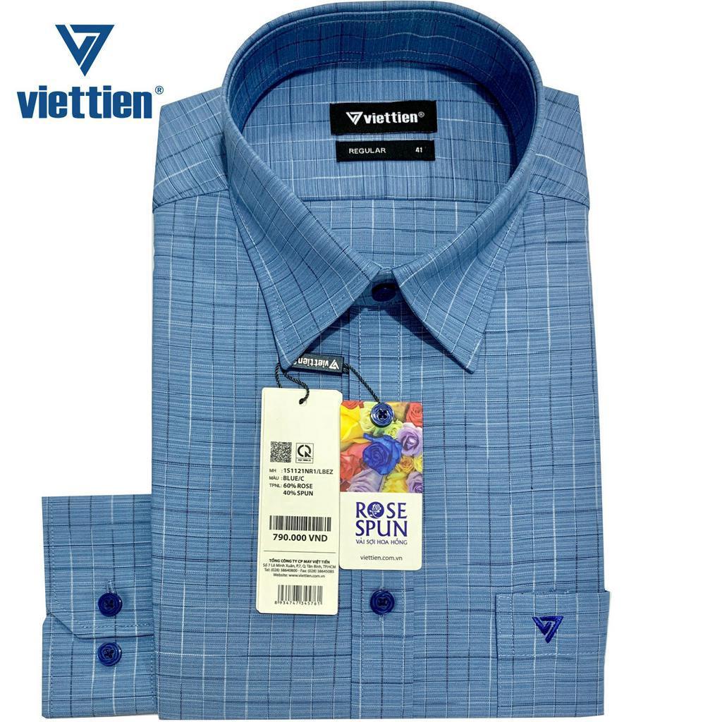 Viettien - Áo sơ mi nam dài tay ca rô cao cấp 1S1121 Regular Xanh Vải sợi hoa hồng