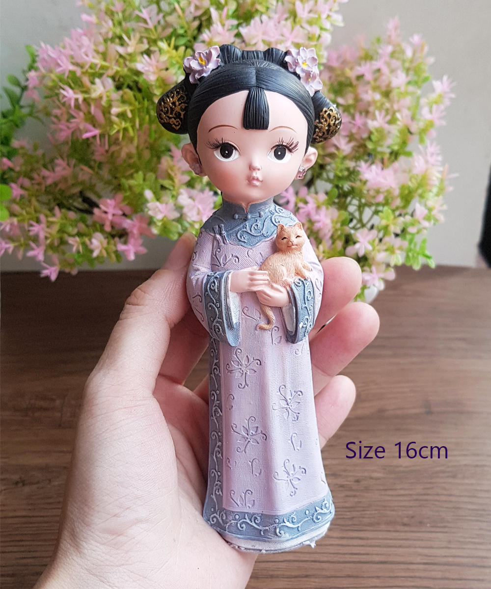 Tượng thiếu nữ ôm mèo cổ trang 3D size 16cm / size 22cm mẫu MIXU003