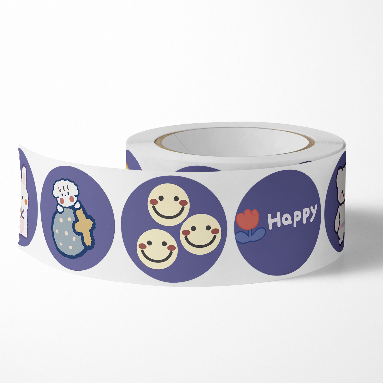 Cuộn 500 tem sticker trang trí gấu thỏ tím happy size 2.5cm có keo dính