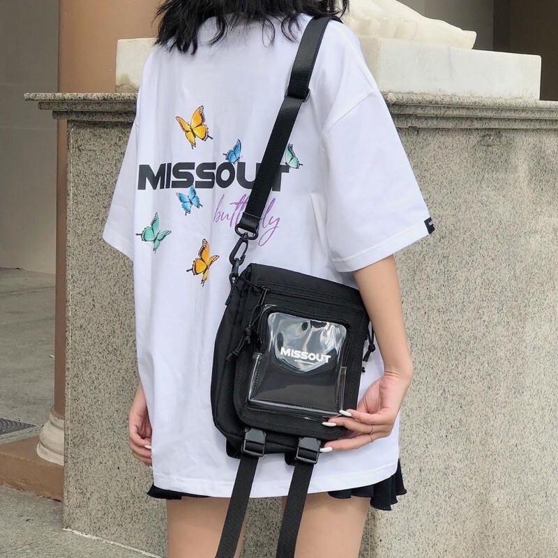 Túi đeo chéo gương trong thời trang kiểu mới chữ MISSOUT hai ngăn có khoá kéo style KITI SHOP