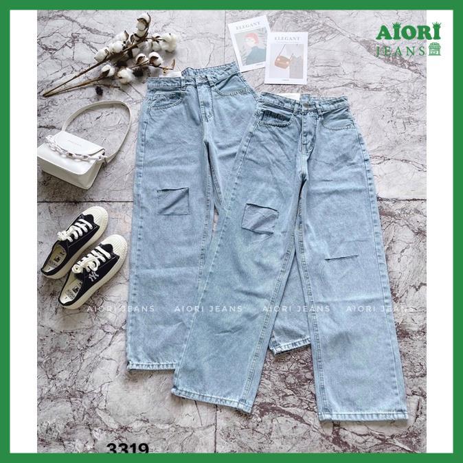 Quần Jeans Nữ, Quần Bò Nữ Aiori Ống Rộng Cạp Cao Rách Kiểu Bò Suông Phong Cách Thời Trang Hàn Quốc_Mã 3319