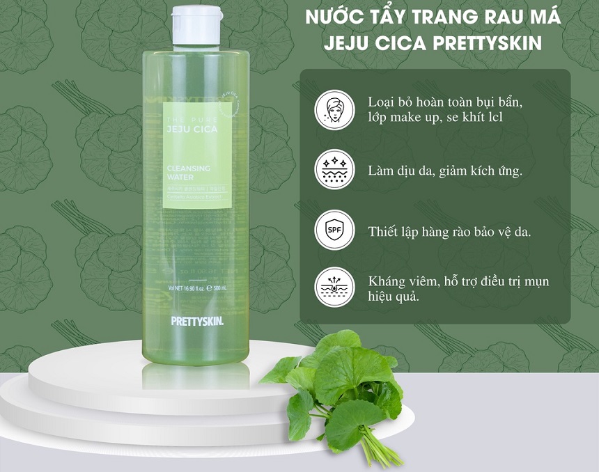 Nước Tẩy trang Rau Má Cho Da Dầu Mụn Pretty Skin The Pure Jeju Cica Cleansing Water 500ml