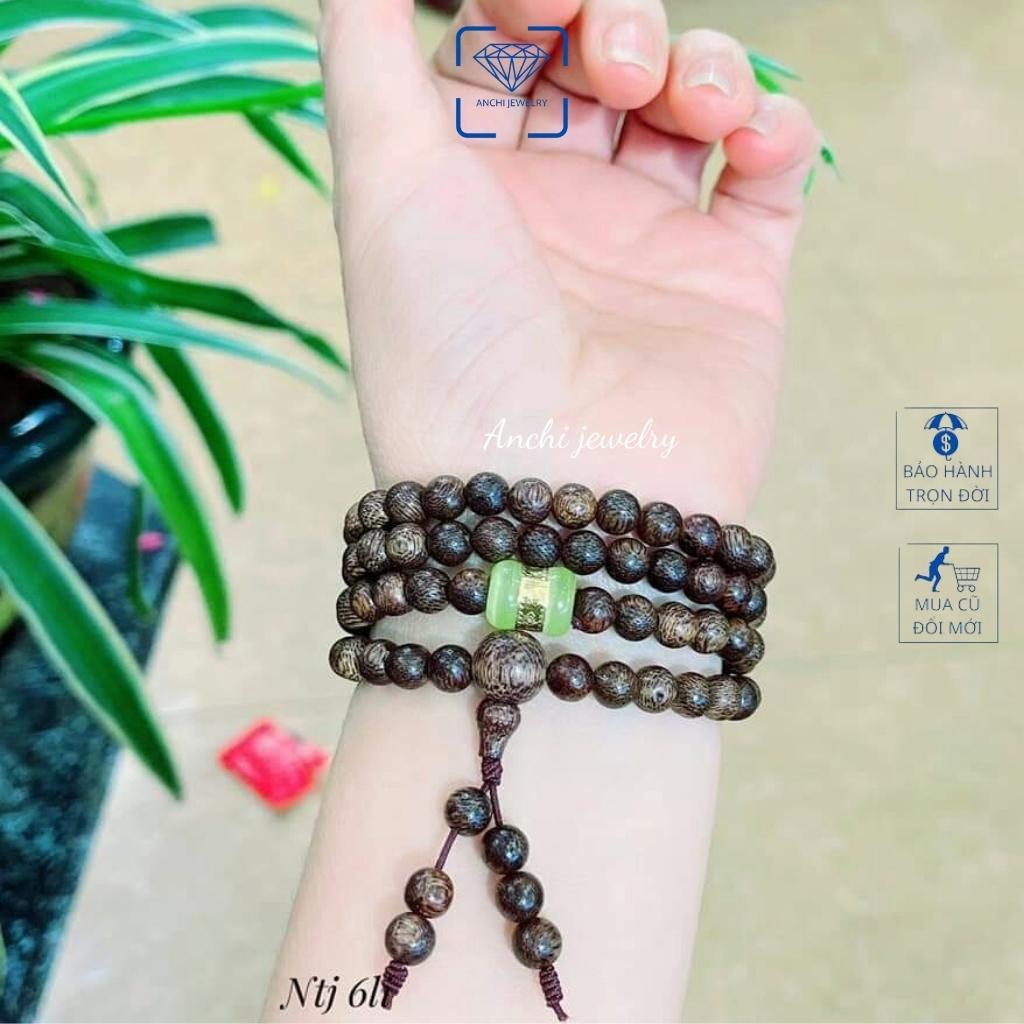 Vòng tay trầm hương nữ 108 hạt 6li mix lu thống dát vàng phong thủy, Anchi jewelry