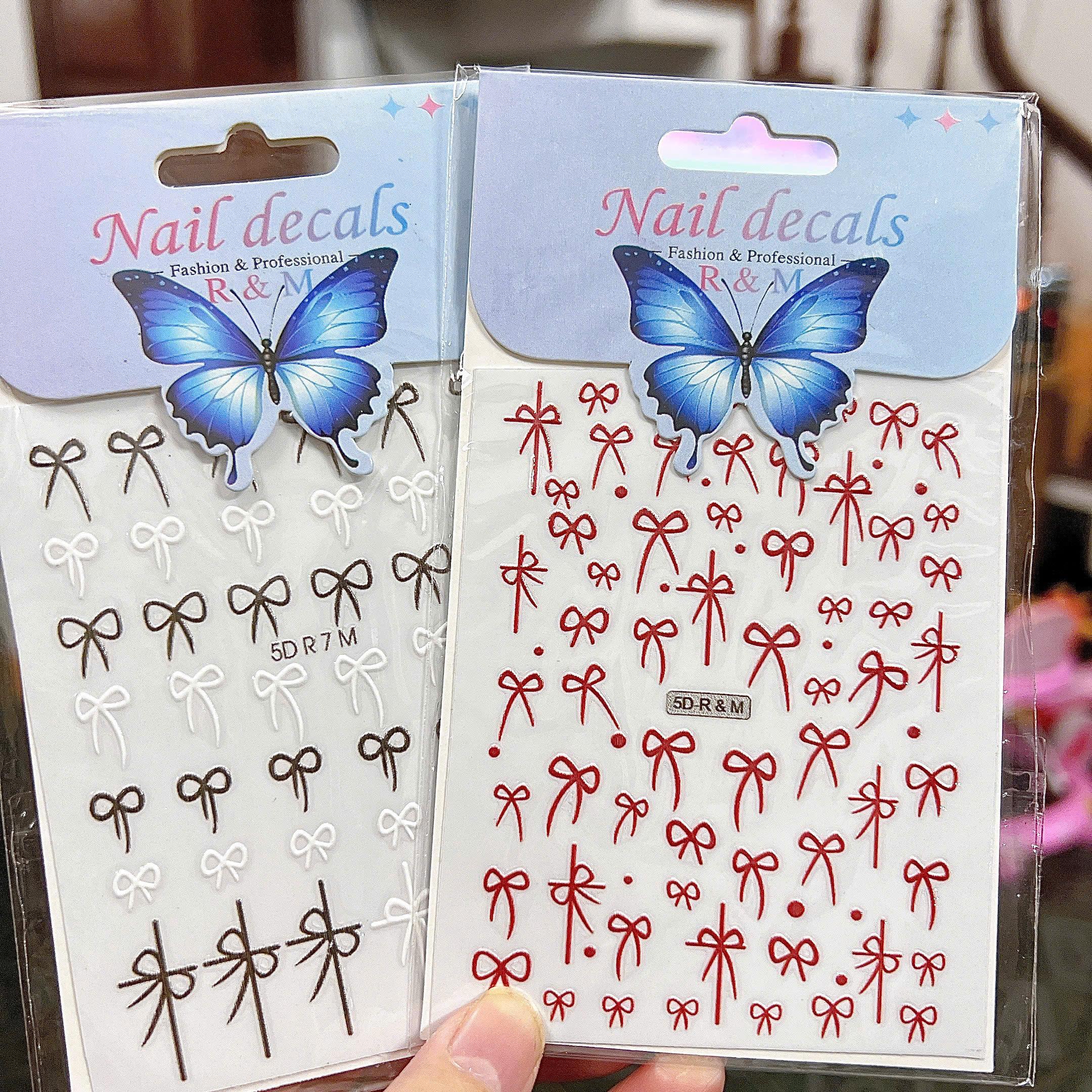 Sticker 5D Dán Móng Hình Nơ Đỏ RM Keo Tự Dính, Hình Dán Móng Nơ Lụa Nơ Đen Trắng Mix Nổi R7M Dạng Nổi Làm Nail Cao Cấp Nữ Women